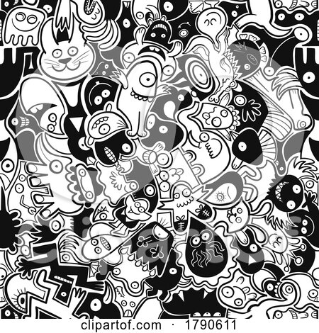 Black and White Doodle Pattern of Animals and Monsters by Zooco