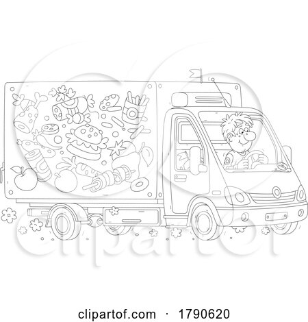 Cartoon Black and White Man Driving a Food Supply Truck by Alex Bannykh