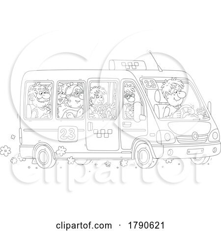 Cartoon Black and White Man Driving People in a Shuttle Taxi by Alex Bannykh