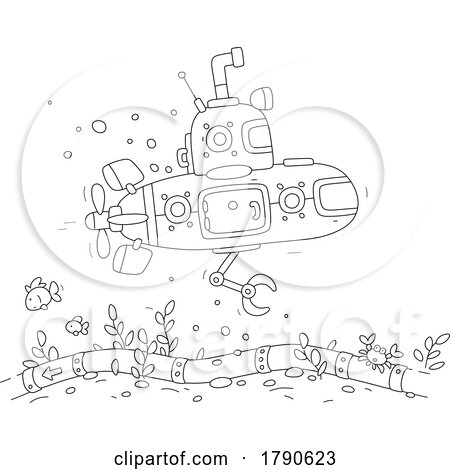 Cartoon Black and White Robotic Submarine over a Pipeline by Alex Bannykh