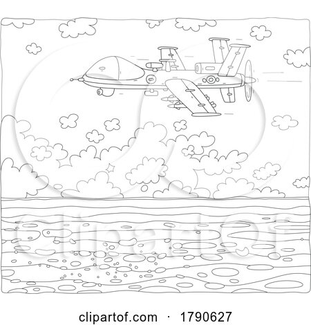 Cartoon Black and White Pilotless Military Drone over the Ocean by Alex Bannykh