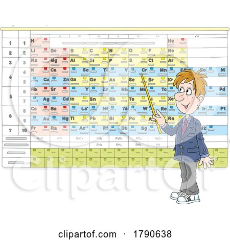 Cartoon Teacher or School Boy Pointing to a Periodic Table of Elements by Alex Bannykh
