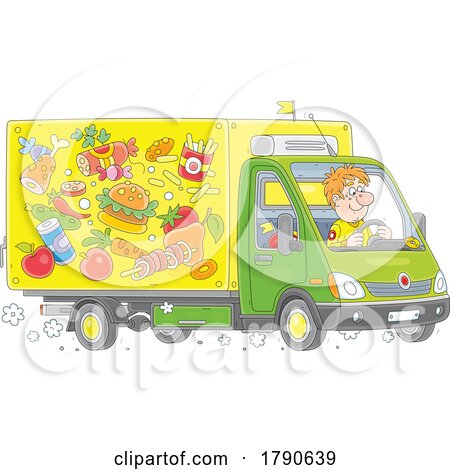 Cartoon Man Driving a Food Supply Truck by Alex Bannykh