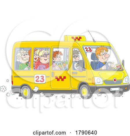 Cartoon Man Driving People in a Shuttle Taxi by Alex Bannykh