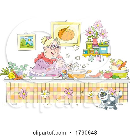 Cartoon Cat Watching a Woman Cook by Alex Bannykh