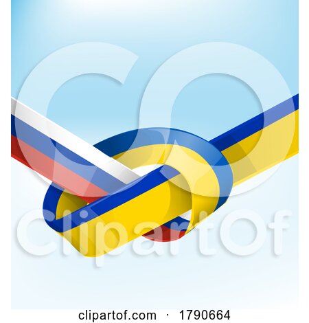 Knotted Ukraine and Russia Flag Ribbons over Gradient Blue Sky by Domenico Condello