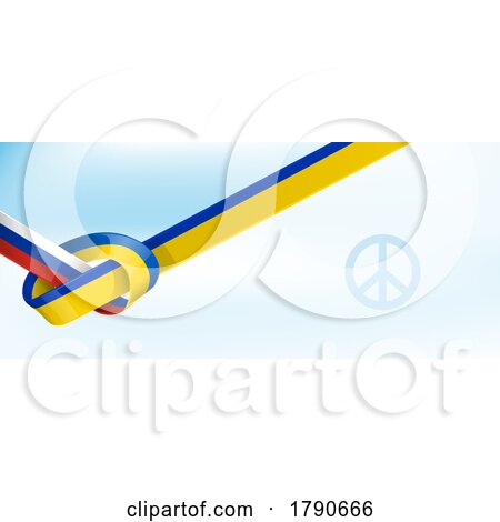 Knotted Ukraine and Russia Flag Ribbons with a Peace Symbol over Gradient Blue Sky by Domenico Condello