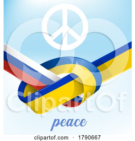 Knotted Ukraine and Russia Flag Ribbons with a Peace Symbol and Word over Gradient Blue Sky by Domenico Condello