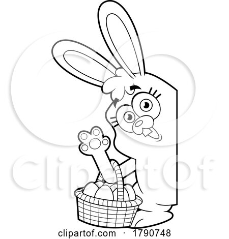 Cartoon Black and White Easter Bunny Rabbit Waving Around a Sign by Hit Toon
