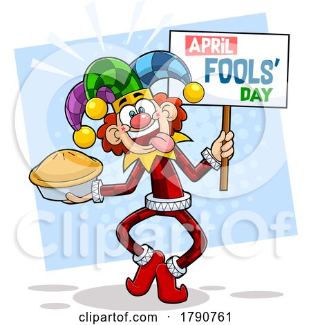 Cartoon April Fools Joker with a Pie and Sign by Hit Toon