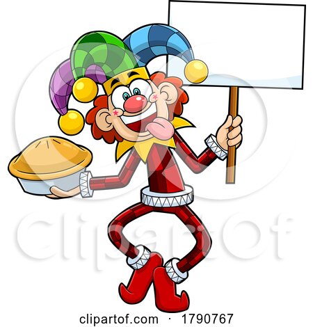 Cartoon April Fools Joker with a Pie and Sign by Hit Toon