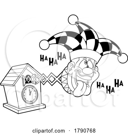 Cartoon Black and White April Fools Joker Popping out of a Clock by Hit Toon