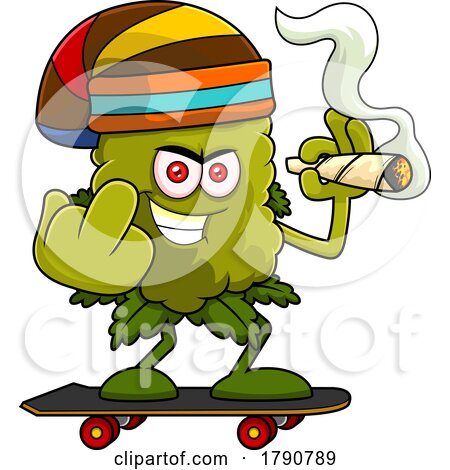Cartoon Cannabis Bud Mascot Skateboarding Flipping the Middle Finger and Smoking a Joint by Hit Toon