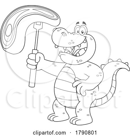 Cartoon Black and White Crocodile Holding up a Steak by Hit Toon