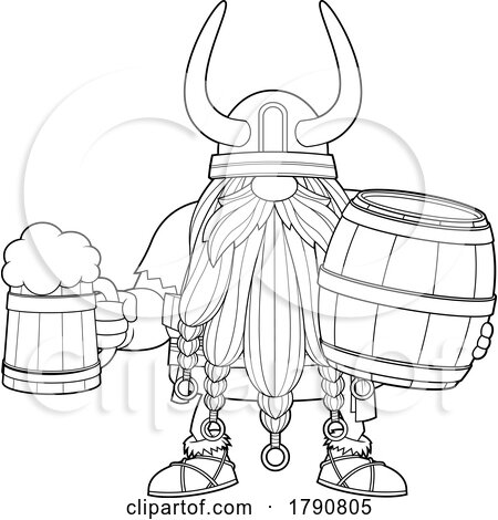 Cartoon Black and White Viking Gnome with a Beer Mug and Barrel by Hit Toon