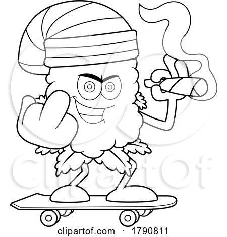 Cartoon Black and White Cannabis Bud Mascot Skateboarding Flipping the Middle Finger and Smoking a Joint by Hit Toon