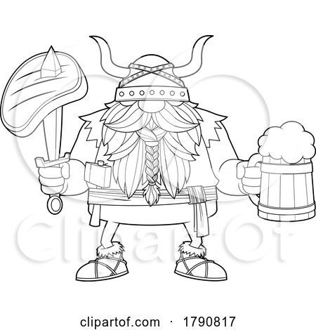 Cartoon Black and White Viking Gnome with a Beer Mug and Steak by Hit Toon