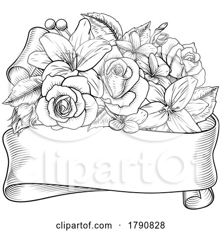 Flowers Floral Rose Bouquet Scroll Funeral Wedding by AtStockIllustration