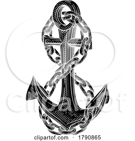 A Ship Anchor and Chain Nautical Woodcut Drawing by AtStockIllustration