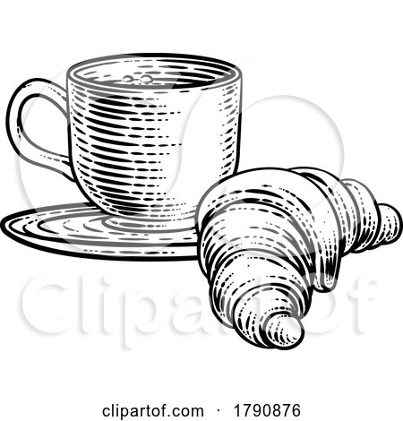 Coffee Tea Cup Mug and Croissant Woodcut by AtStockIllustration