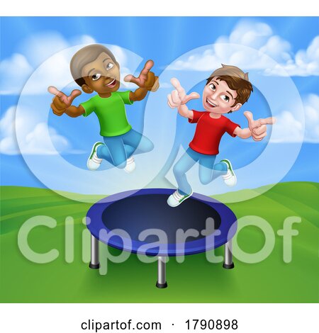 Kids Jumping on a Round Cartoon Trampoline by AtStockIllustration