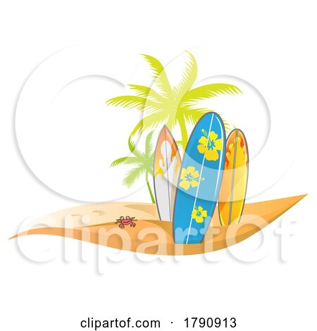 Crab Surfboards and Palm Trees on a Beach by Domenico Condello