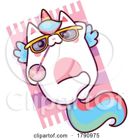 Unicorn Cat Caticorn Sunbathing with a Cocktail by Vector Tradition SM