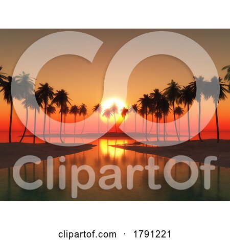3D Palm Tree Landscape Against a Sunset Sky by KJ Pargeter