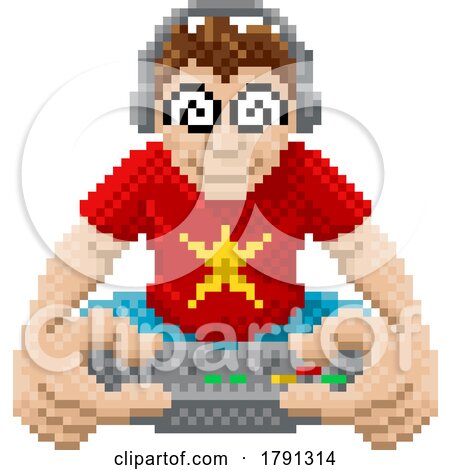 Gamer Playing Video Game Console Pixel Art Cartoon by AtStockIllustration