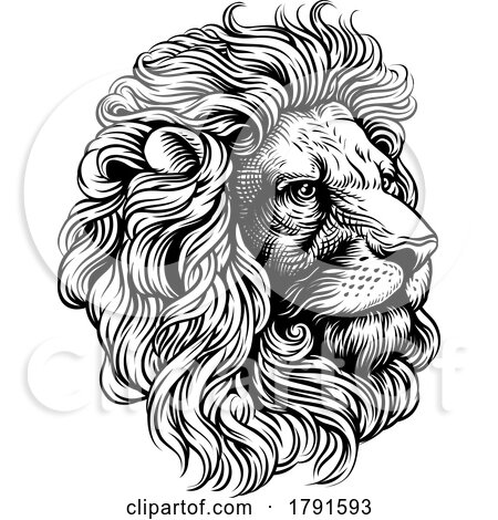 Lion Lions Head Woodcut Vintage Engraved Style by AtStockIllustration