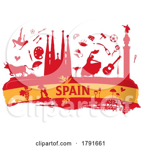 Spain Travel Banner with Icon and Monuments on Flag by Domenico Condello