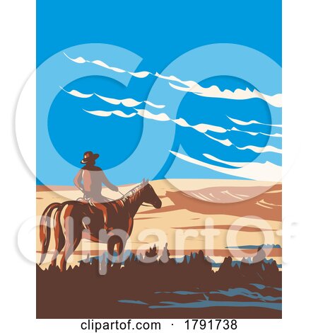 Cowboy and Horse at West Block of Grasslands National Park in Saskatchewan Canada WPA Poster Art by patrimonio