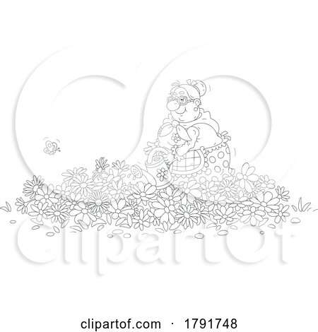 Cartoon Black and White Woman Watering Flowers by Alex Bannykh