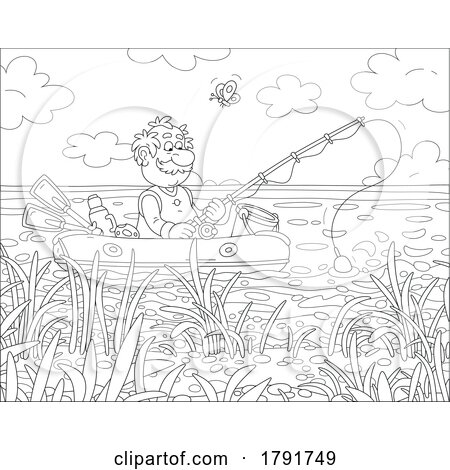 Cartoon Black and White Senior Man Fishing from a Raft by Alex Bannykh