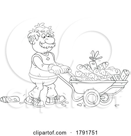 Cartoon Black and White Senior Man Moving Firewood in a Wheelbarrow by Alex Bannykh