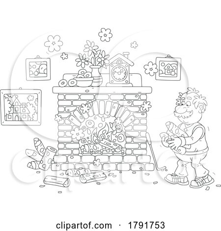 Cartoon Black and White Senior Man Putting Wood in a Fireplace by Alex Bannykh