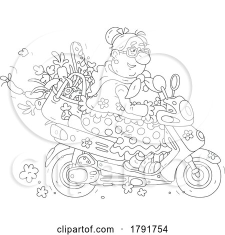 Cartoon Black and White Woman with Groceries on Her Motorbike by Alex Bannykh
