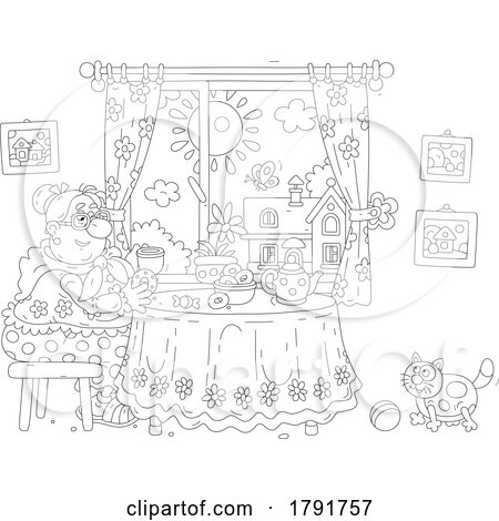 Cartoon Black and White Woman Eating Donuts and Coffee or Tea by Alex Bannykh