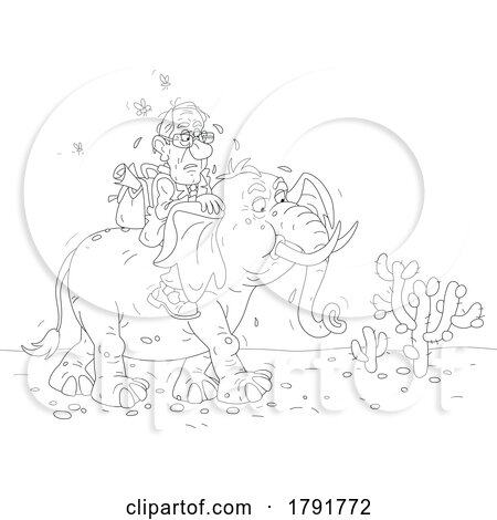 Cartoon Black and White Tired Politician Riding an Elephant in a Desert by Alex Bannykh