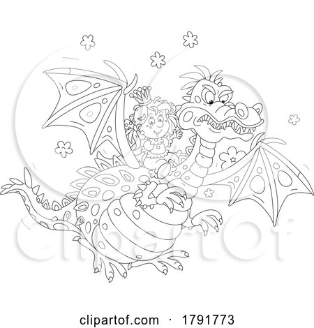 Cartoon Black and White Girl Flying on a Dragon by Alex Bannykh