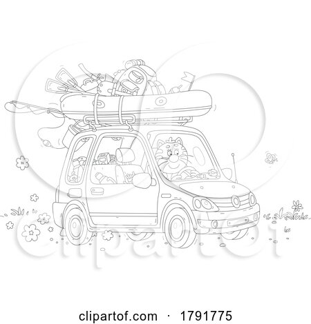 Cartoon Black and White Cat Driving a Car with a Raft on Top by Alex Bannykh