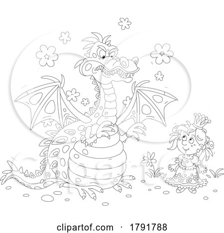 Cartoon Black and White Princess and Dragon by Alex Bannykh