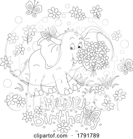 Cartoon Black and White Elephant Happy Birthday Greeting by Alex Bannykh
