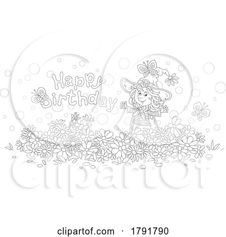Cartoon Black and White Witch and Happy Birthday Greeting by Alex Bannykh