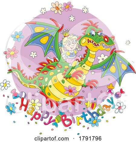Happy Birthday Greeting with a Princess Riding a Dragon by Alex Bannykh