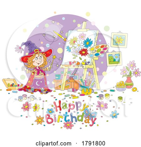 Cartoon Witch and Happy Birthday Greeting by Alex Bannykh