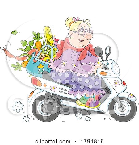 Cartoon Woman with Groceries on Her Motorbike by Alex Bannykh