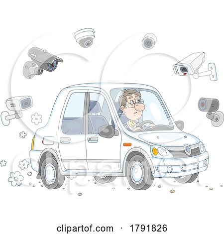 Cartoon Nervous Man Driving a Car with Cameras All Around by Alex Bannykh