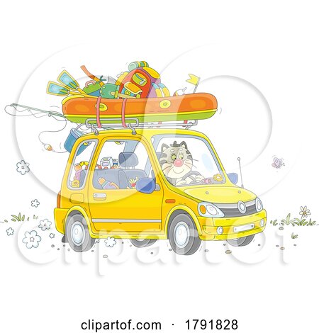 Cartoon Cat Driving a Car with a Raft on Top by Alex Bannykh