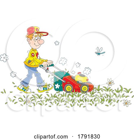 Cartoon Man Mowing His Lawn by Alex Bannykh